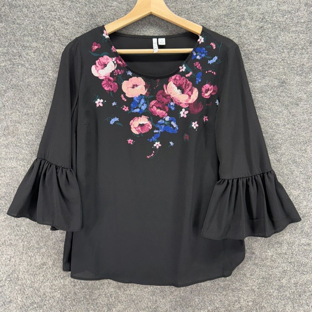 Elle Blouse Women S Small Black Floral Long Sleeve Round Neck Pullover Casual